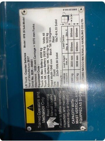 Plat spesifikasi forklift Sumitomo 8FB25