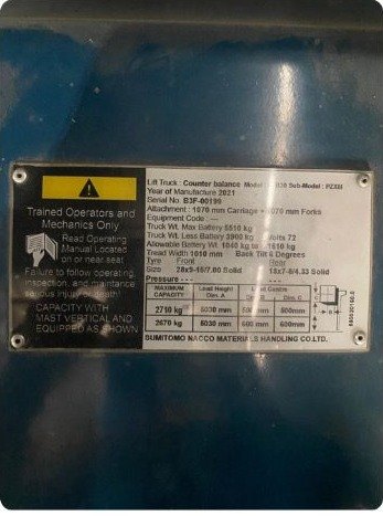Plat spesifikasi forklift Sumitomo FB30