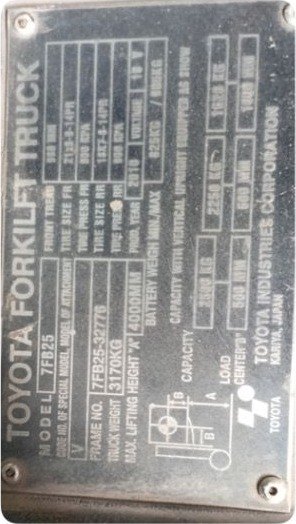 Plat spesifikasi forklift Toyota 7FB25
